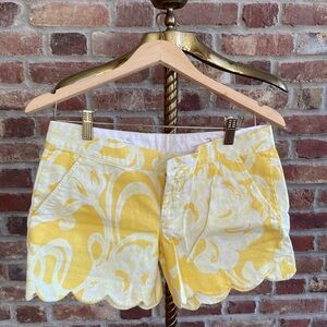Butter Yellow and White Patterned Women Scalloped Shorts